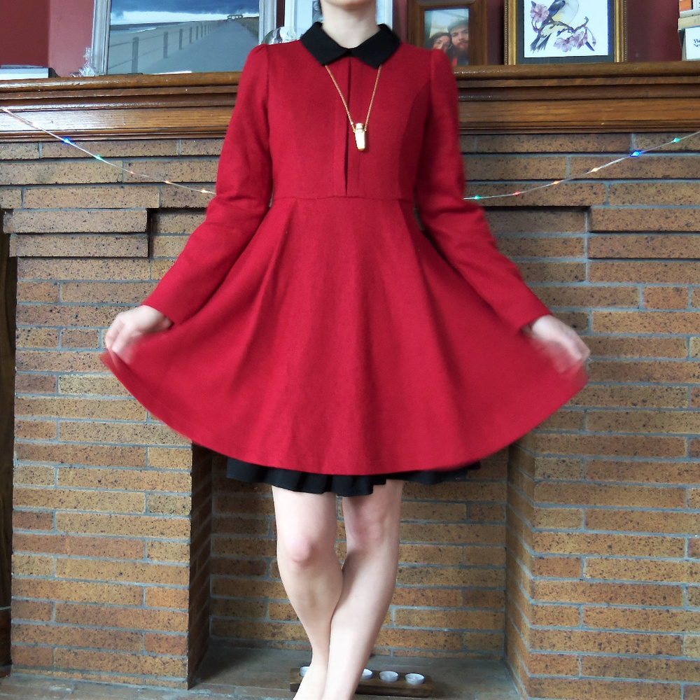 Red A line Winter Dress w/ Petticoat - S/M